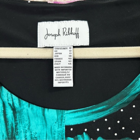 Joseph Ribkoff Black Dress Teal Floral Design Polka Dot Stretch Jersey Size 10 - Picture 4 of 12